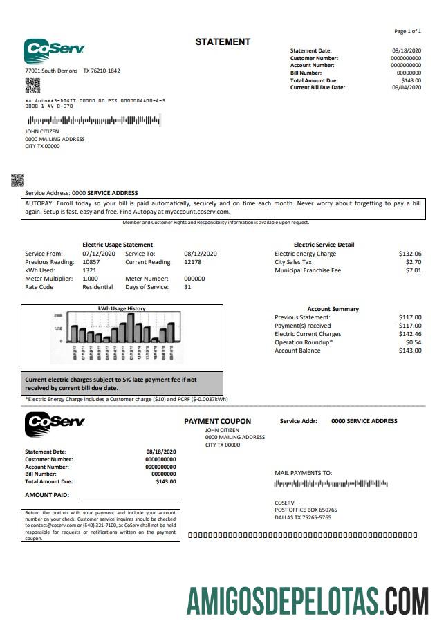 Para baixar modelo de conta de serviços públicos CoServ dos EUA Texas em formato Word e PDF